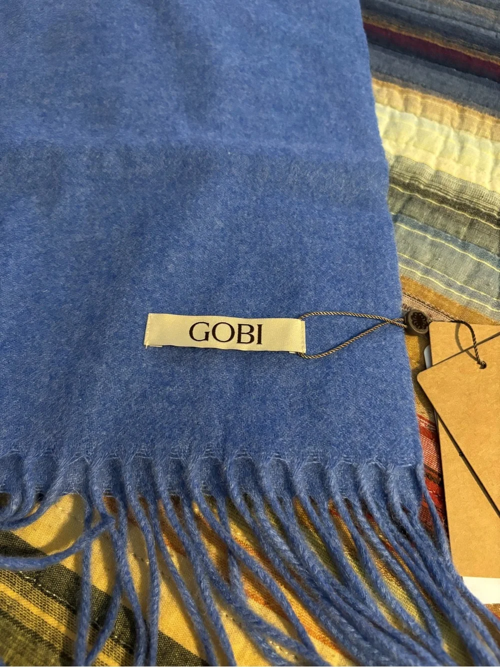 GOBI Blue Cashmere-Blend Fringe Scarf